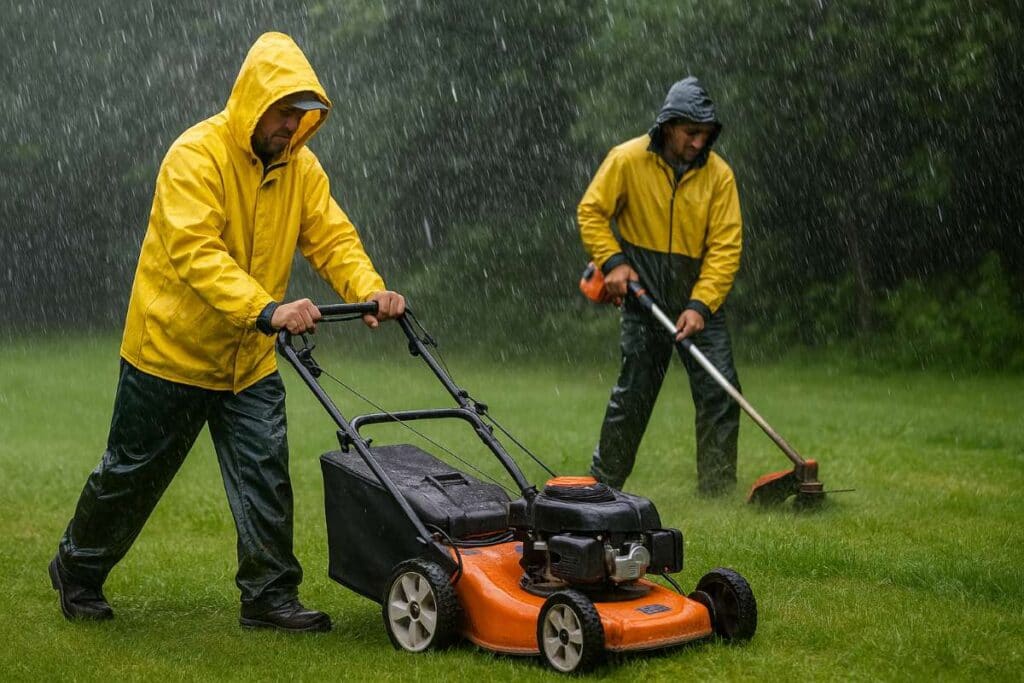 A crew mowing lawns in the rain