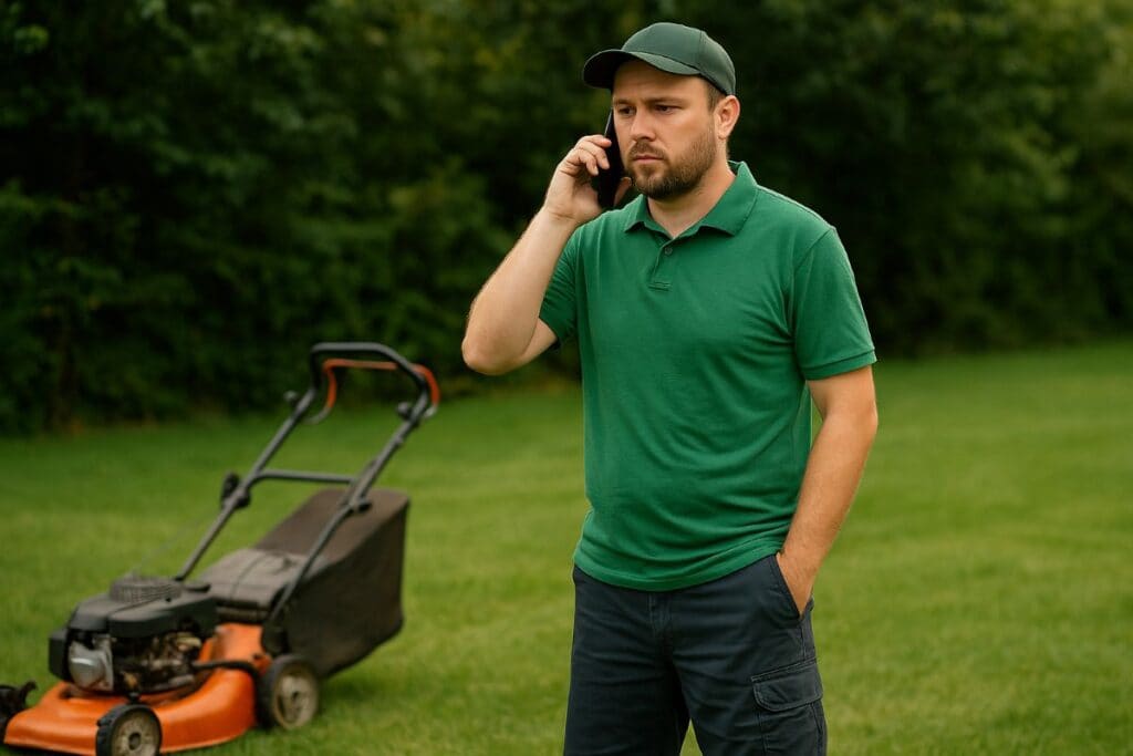 Lawn guy on the phone collecting money Lawn guy on the phone collecting money