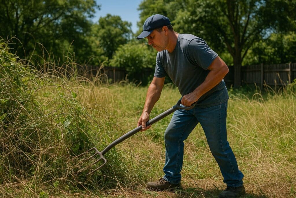 A man cleaning up an overgrown garden with a garden fork A man cleaning up an overgrown garden with a garden fork