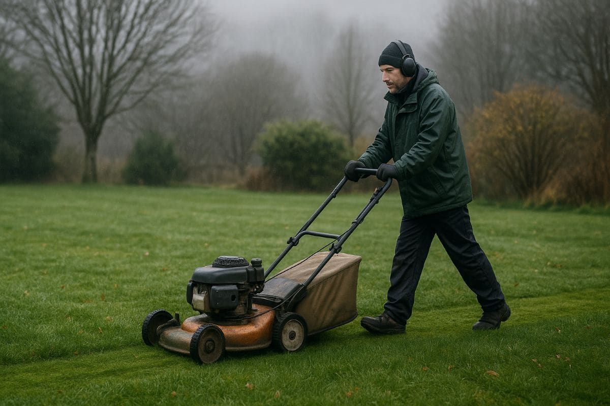 A man mowing winter lawns
