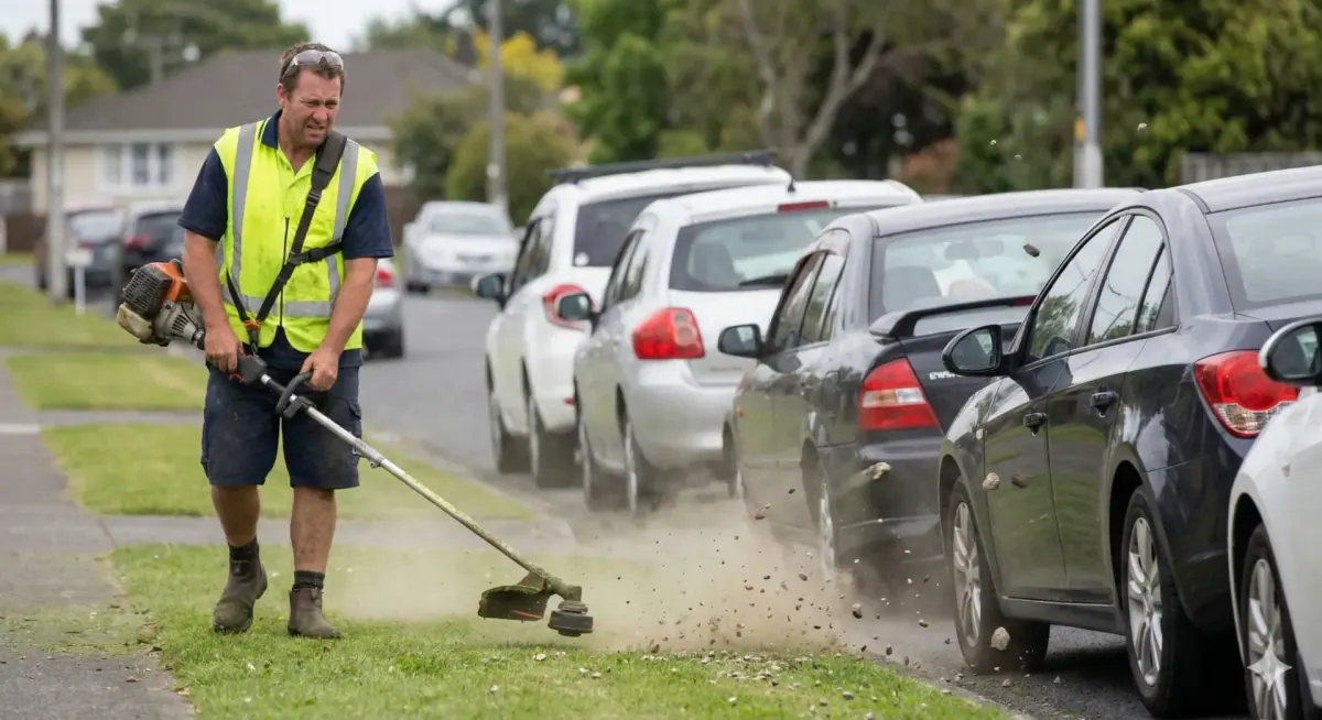 A worker doing a bad job with a weed eater.