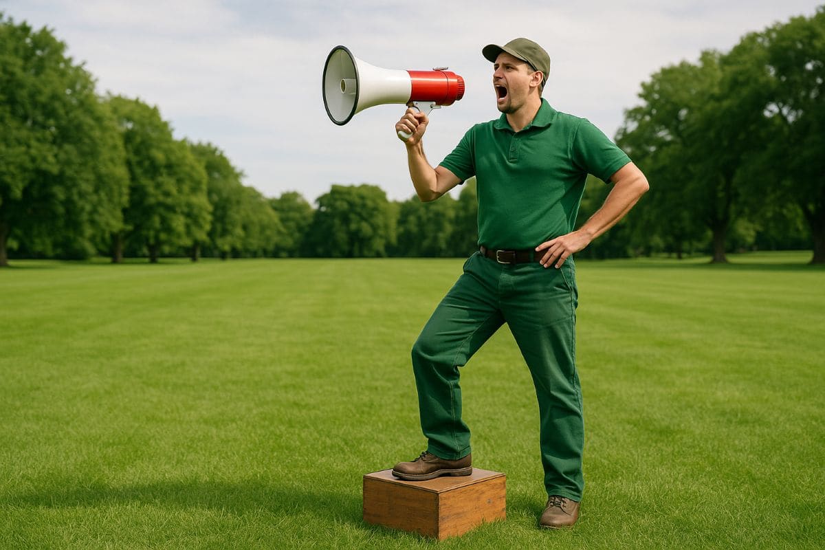 Lawn Man standing on a soap box marketing his business