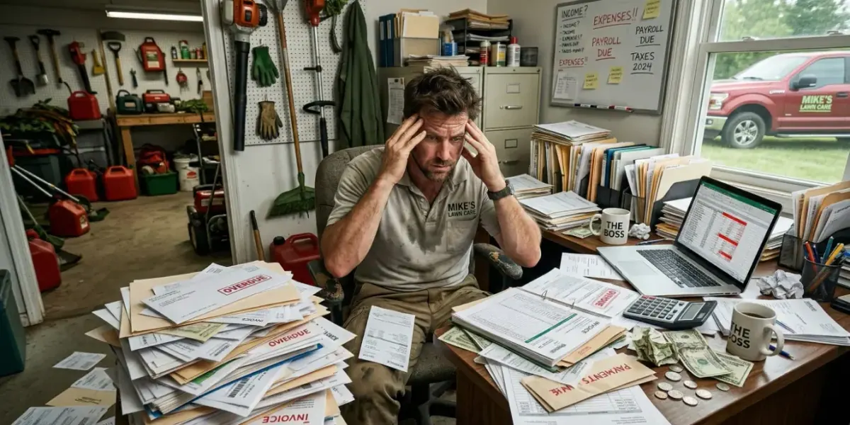 A lawn care guy drowning in paperwork.