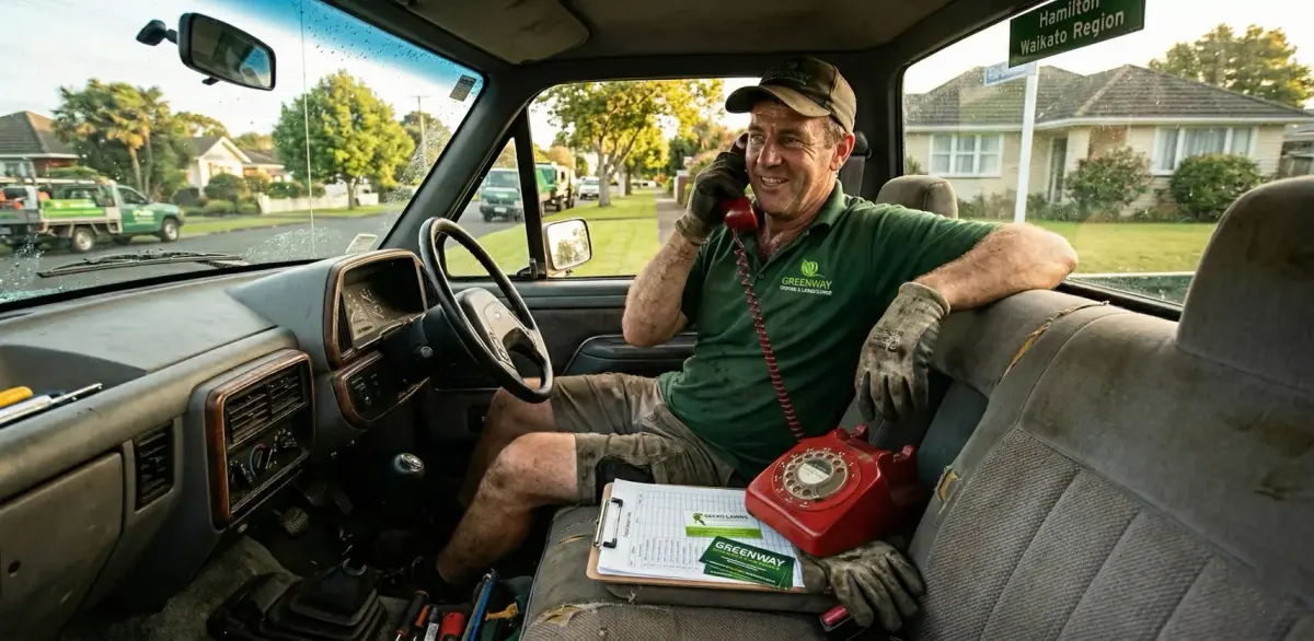 A lawn guy answering a dial-up phone in a truck