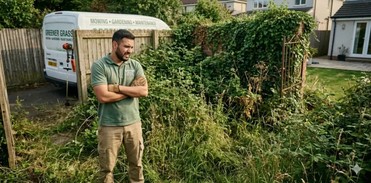 A lawn guy looking at an overgrown garden and saying NO