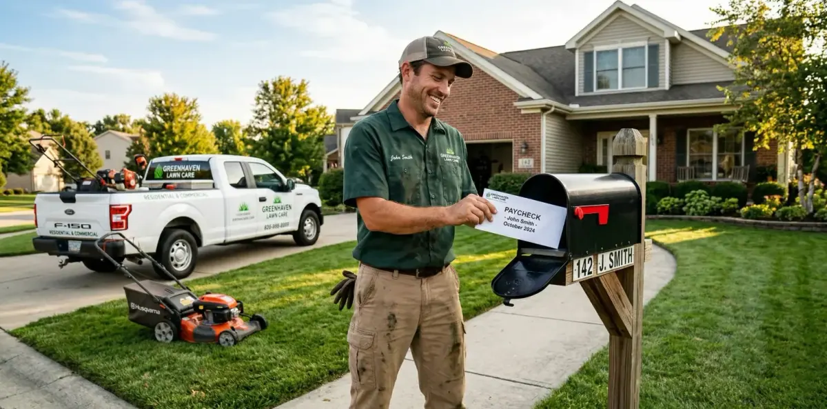 A lawn care guy paying himeslf in his mailbox