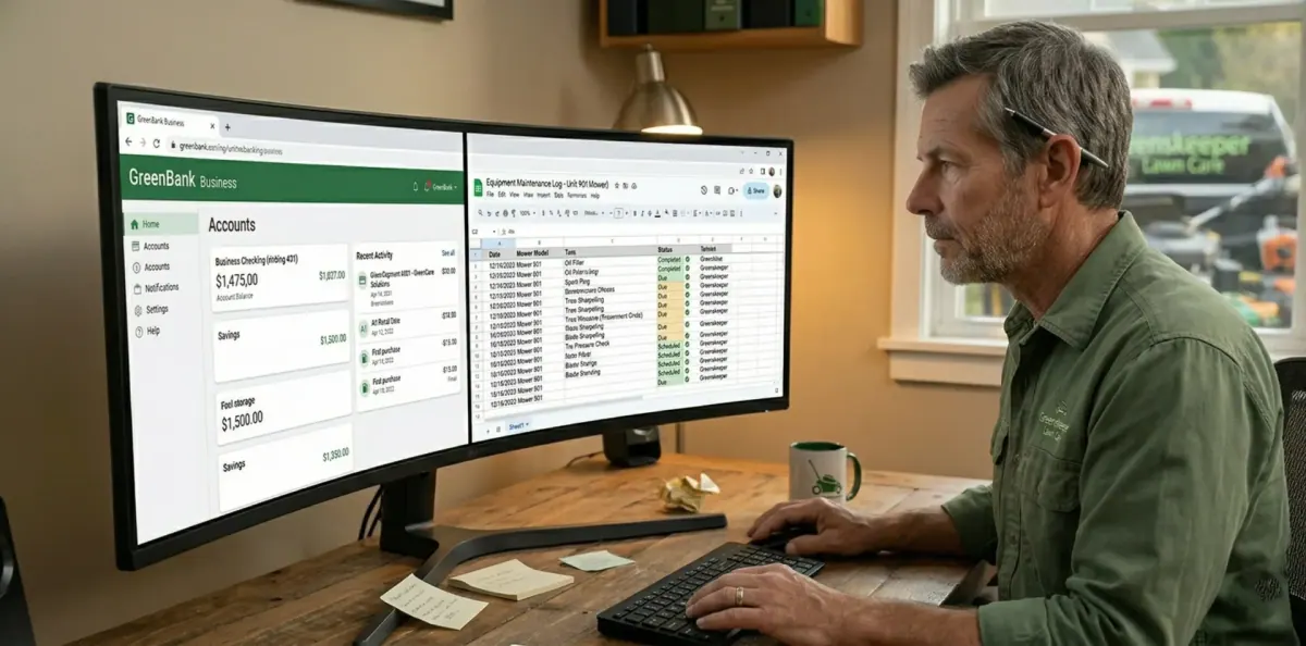 A lawn care guy working on a cashflow with a split screen