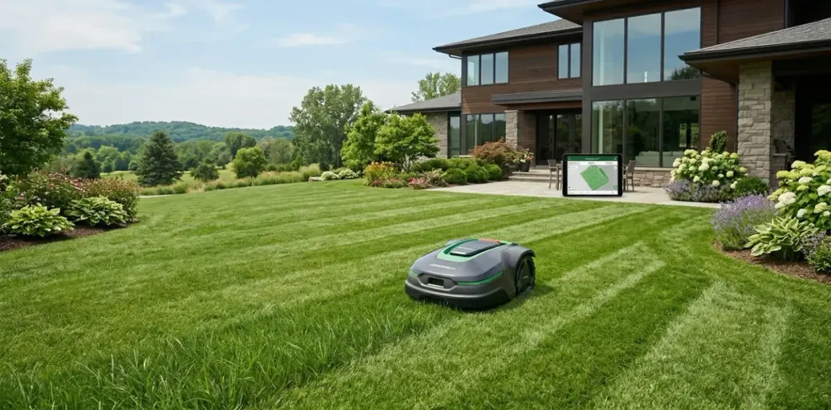 A robotic lawn mower on a nice lawn