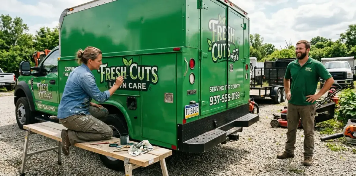A signwriter doing a logo for a lawn care business