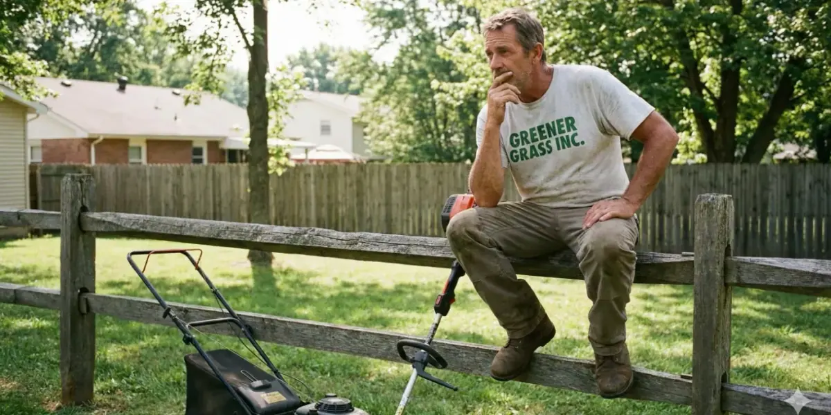 Lawn care guy sitting on a fence thinking
