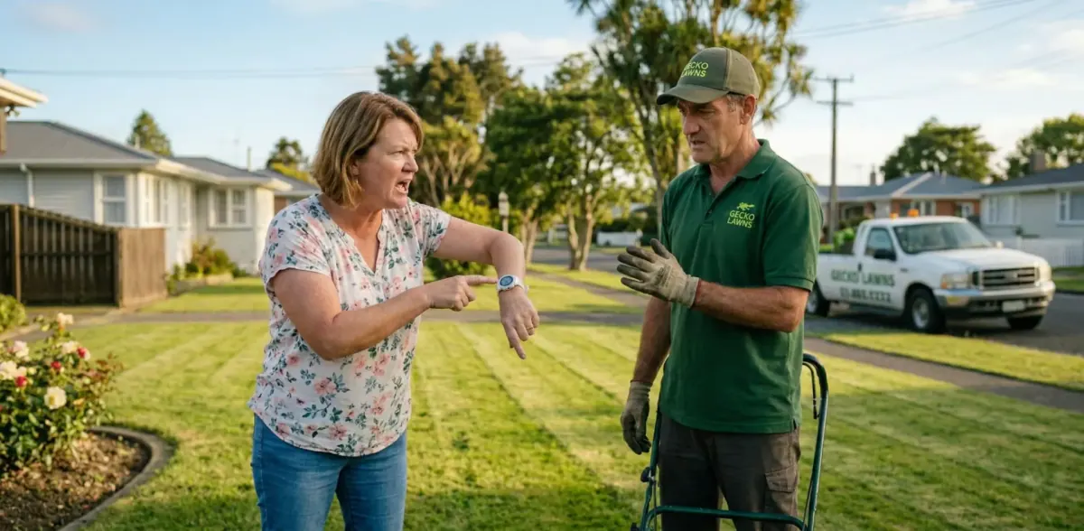 A bad customer complaining about the time that a lawn guy turned up