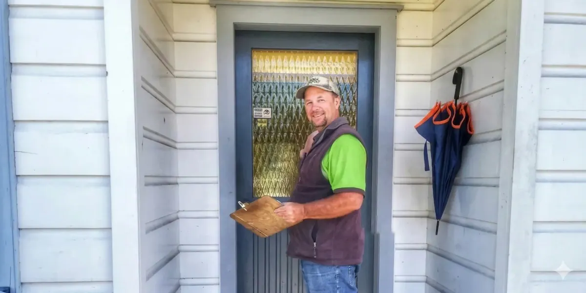 Stuart knocking on a door to quote a lawn