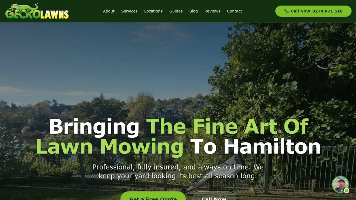 The Gecko Lawns home page, with the phone number and a Call Now button in the top bar and a Get a Free Quote button under the headline