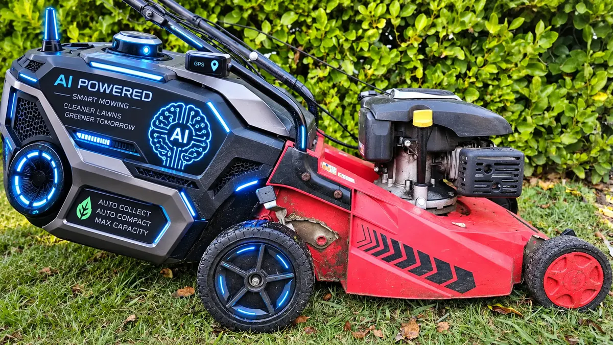 A red lawn mower with a mocked-up AI powered engine cover, lit up in blue, parked on the grass beside a hedge