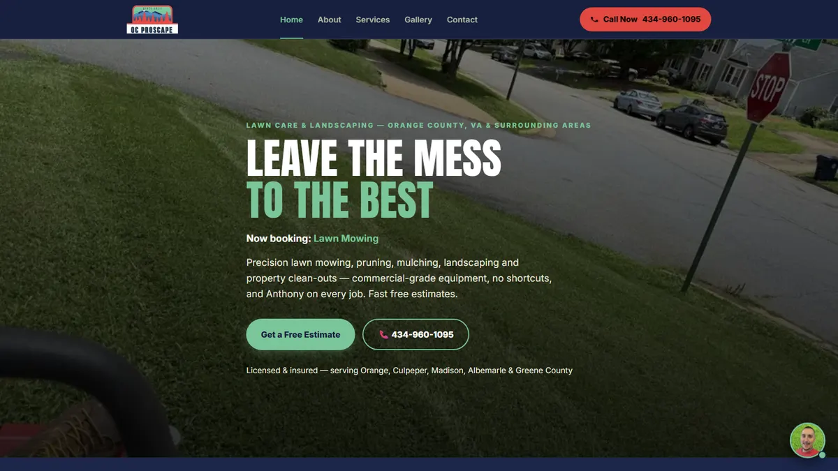 OC Proscape lawn care website with the service area at the top, a Call Now button in the top right corner and a free estimate button