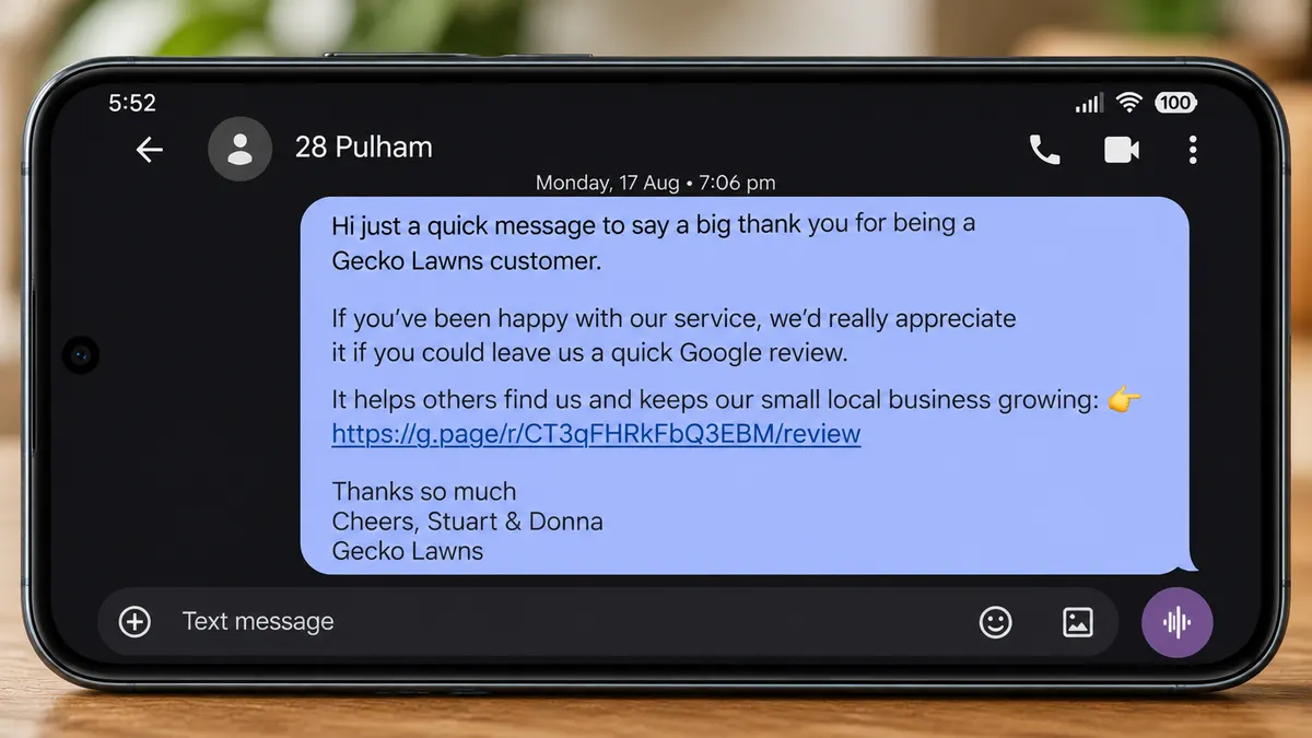 Gecko Lawns Google review request text sent at 7:06pm, with the review link, on a phone