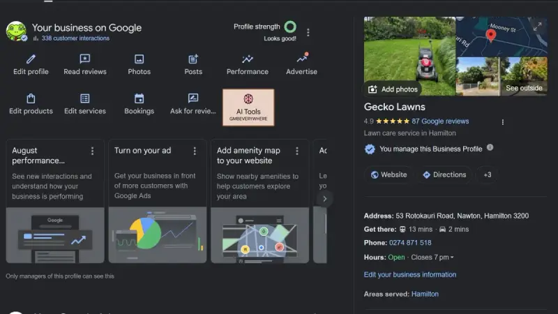 Gecko Lawns Google Business Profile showing 4.9 stars from 87 Google reviews