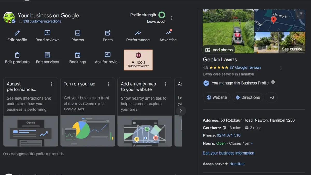 Gecko Lawns Google Business Profile showing 4.9 stars from Google reviews