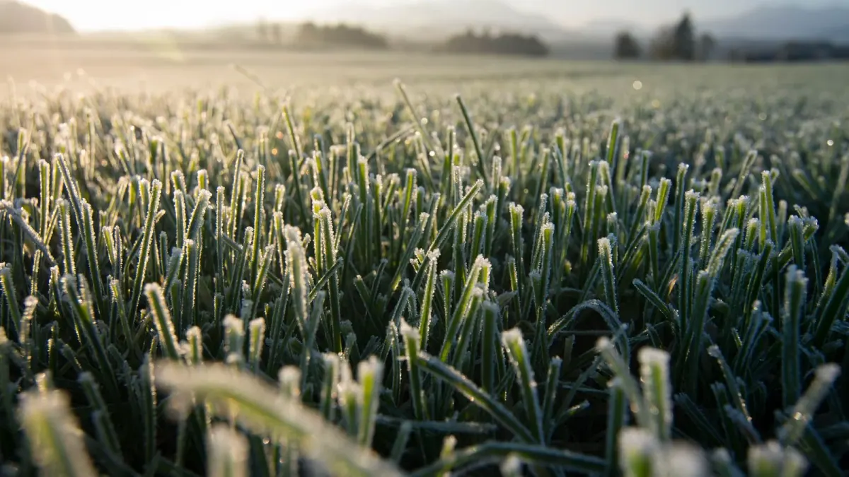 Frost on a dormant lawn at sunrise, the start of the lawn care off season