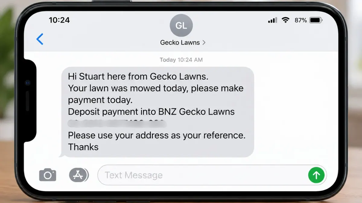 Phone showing the same-day payment text from Gecko Lawns, one of the lawn care text message templates in this post