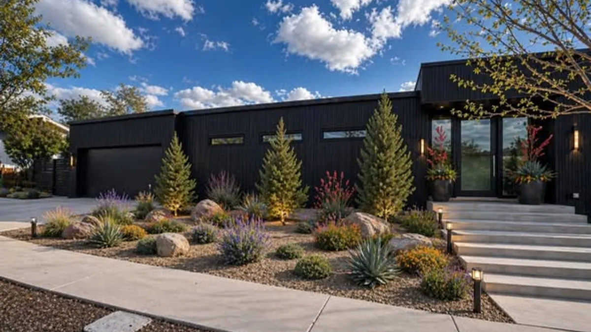 Landscaped front garden with plants and paths