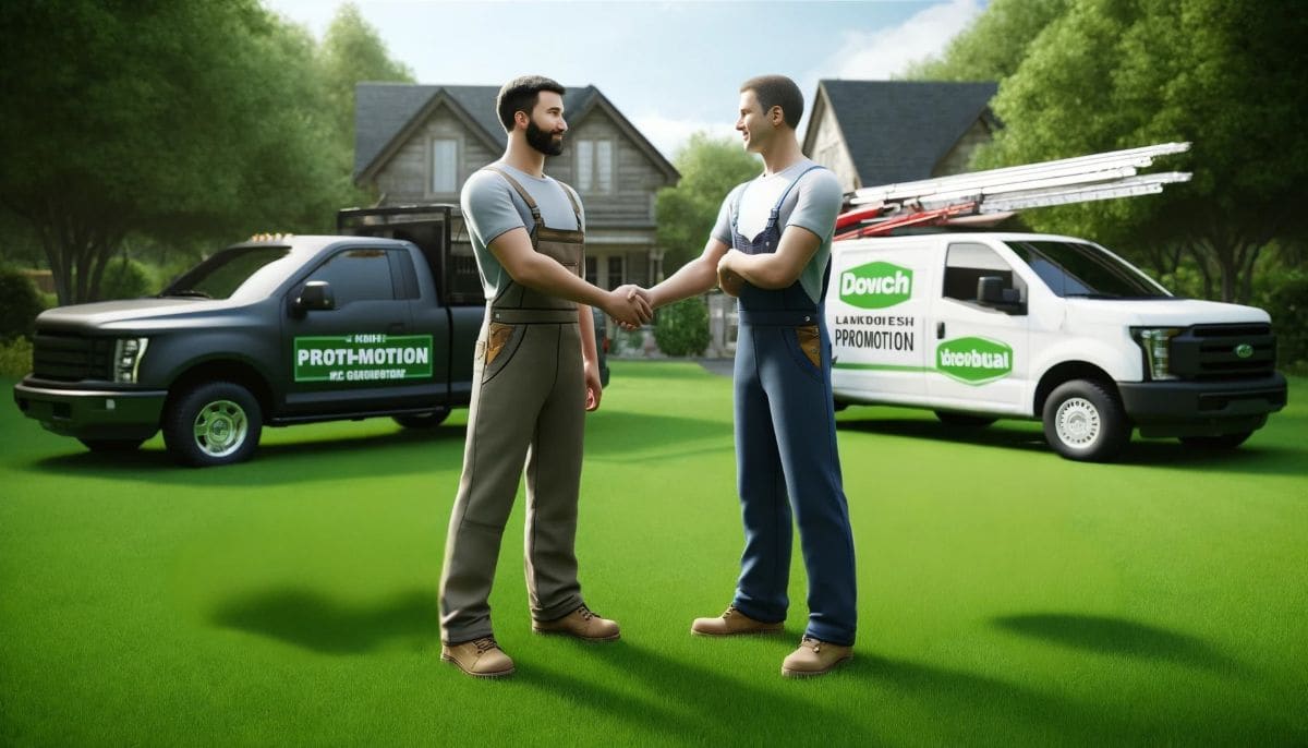 A lawn care business owner shaking hands with another business owner
