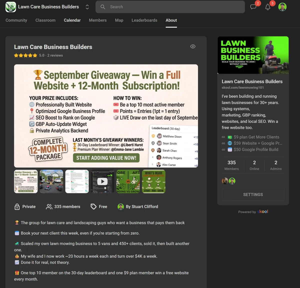 The monthly free website giveaway in the Lawn Care Business Builders Skool group