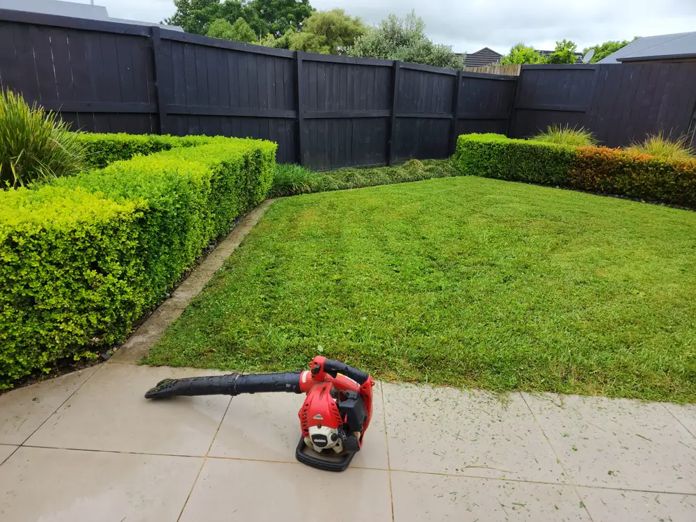 Handheld blower on a patio beside a freshly mowed lawn and trimmed hedge