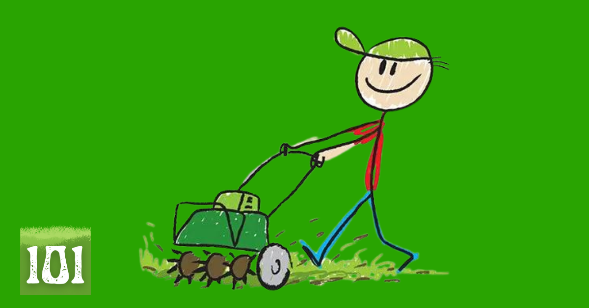 Stick figure aerating a lawn
