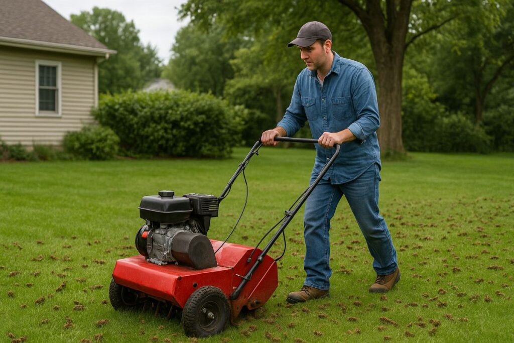 A man arerating his own lawn