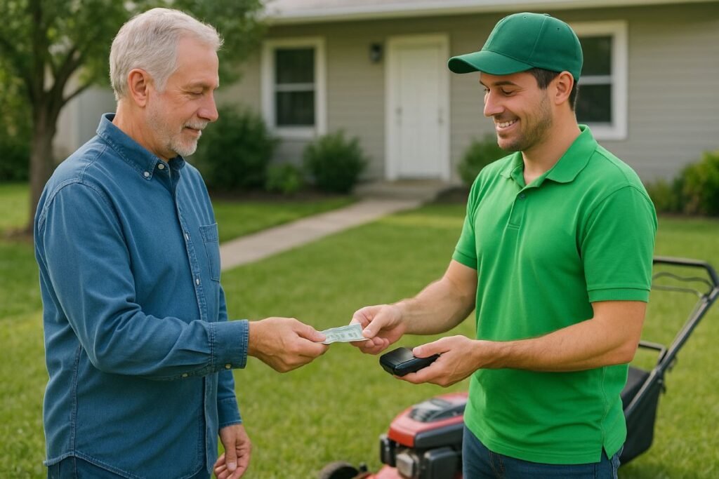 A man getting paid for his lawn care services