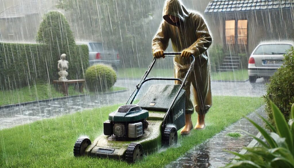 Mowing lawns in the rain