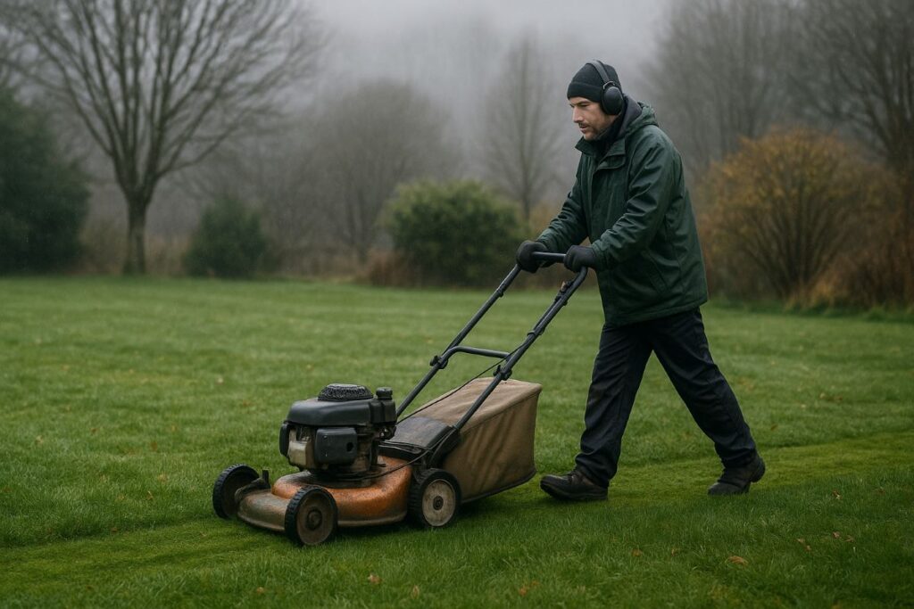 A man mowing winter lawns
