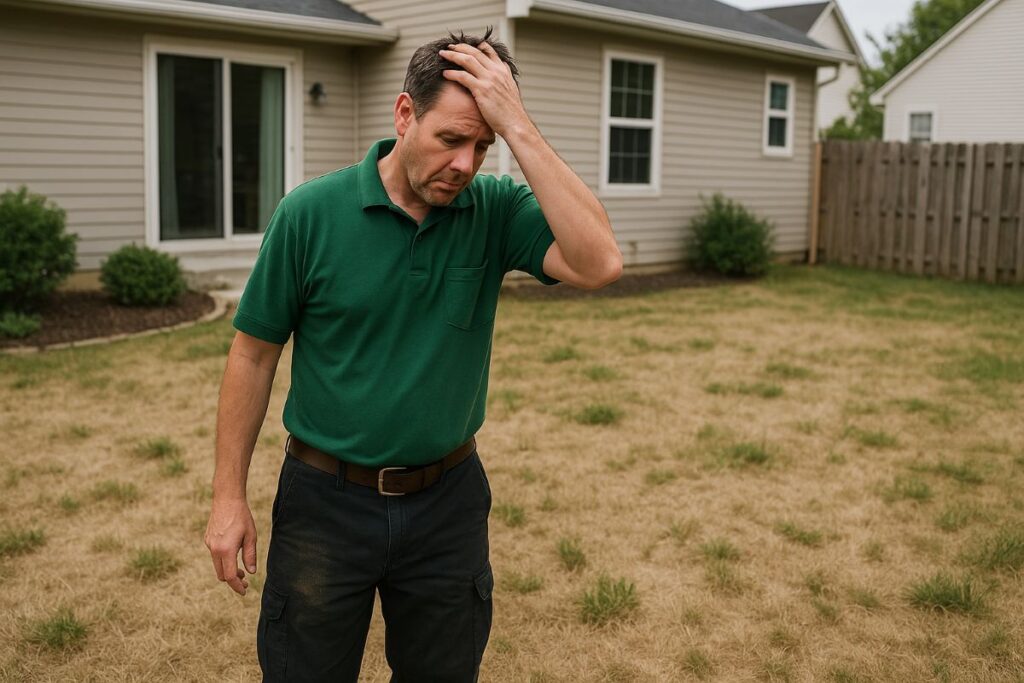 A stressed man with a dead lawn