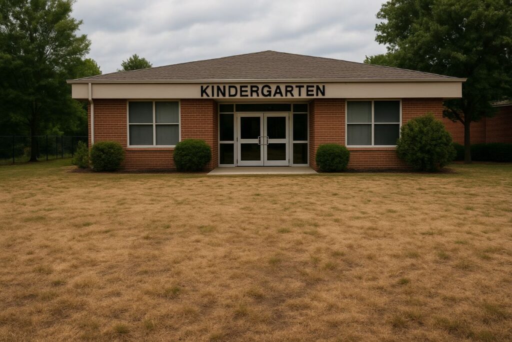 Kindergarten with a dead lawn
