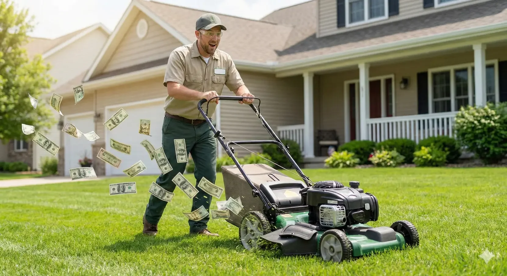 Man mowing money on a lawn