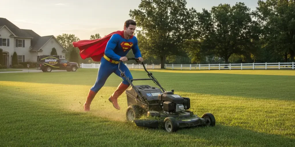 A lawn care guy dressed like superman mowing a lawn fast