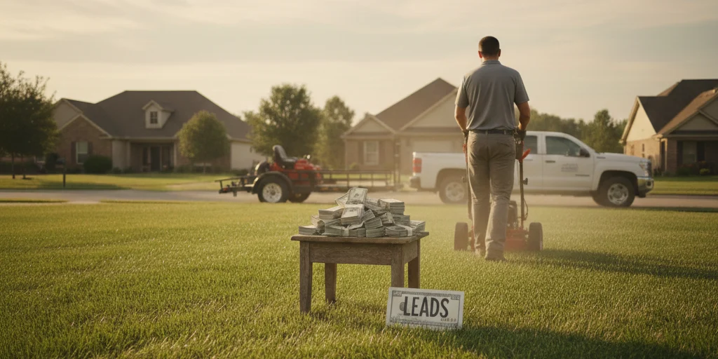 A lawn guy walking away from money on a table