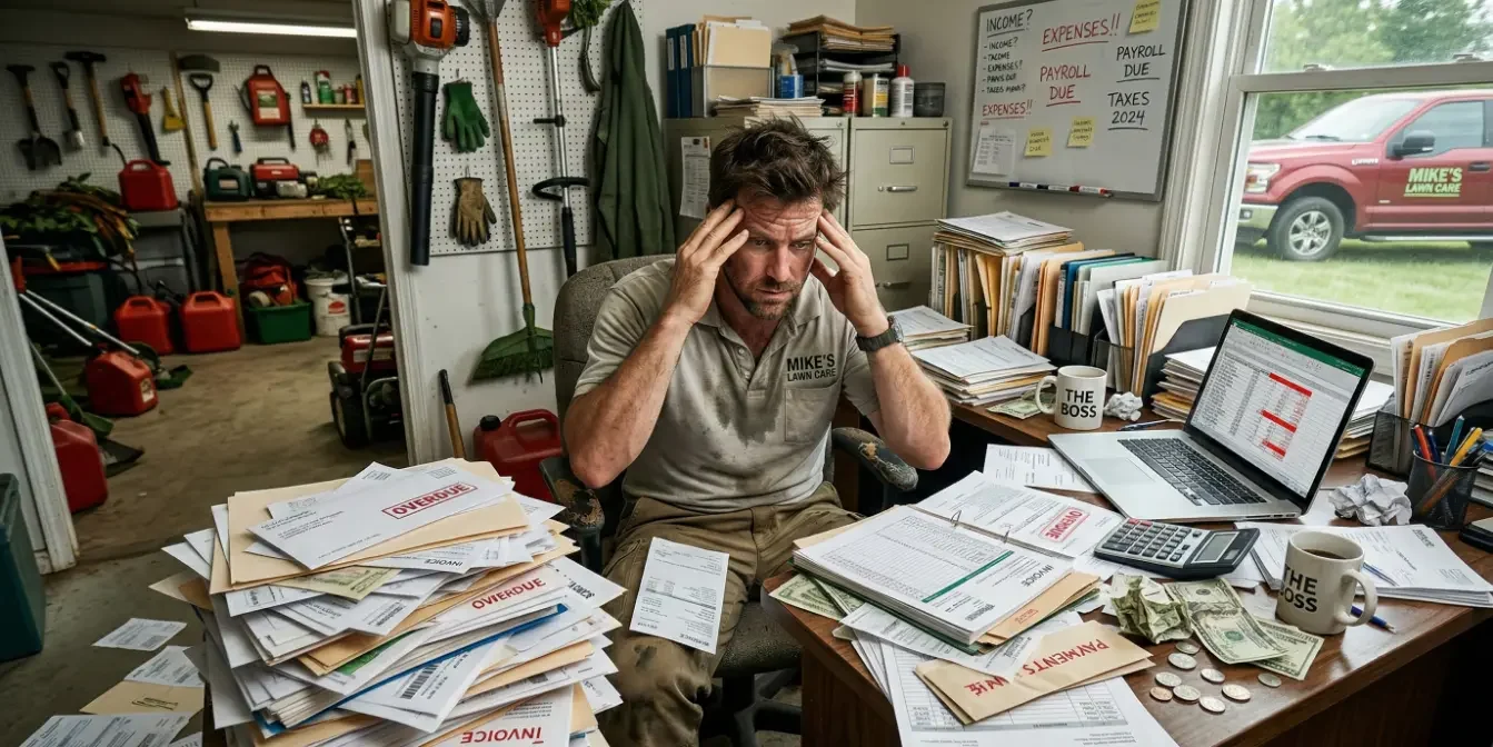 A lawn care guy drowning in paperwork.