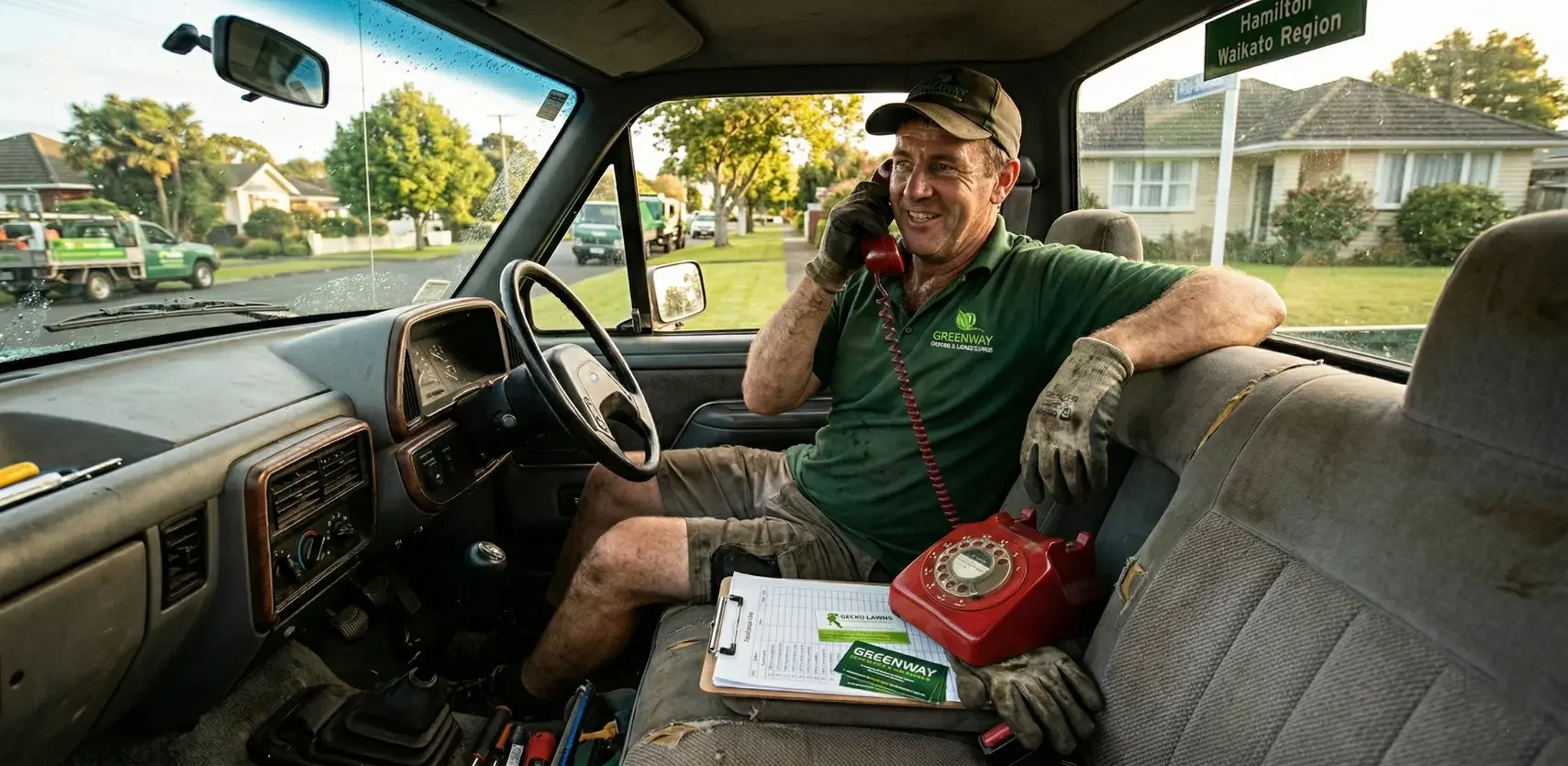 A lawn guy answering a dial-up phone in a truck