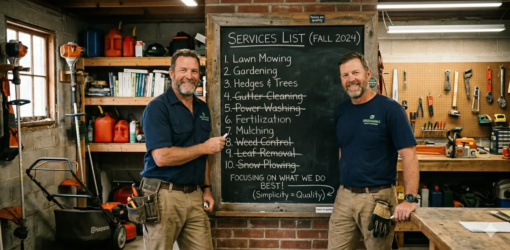 A couple of lawn guys are working out their services.