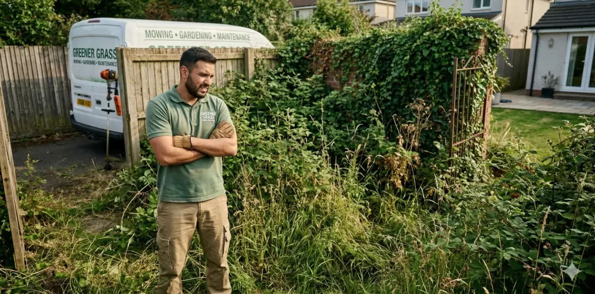 A lawn guy looking at an overgrown garden and saying NO