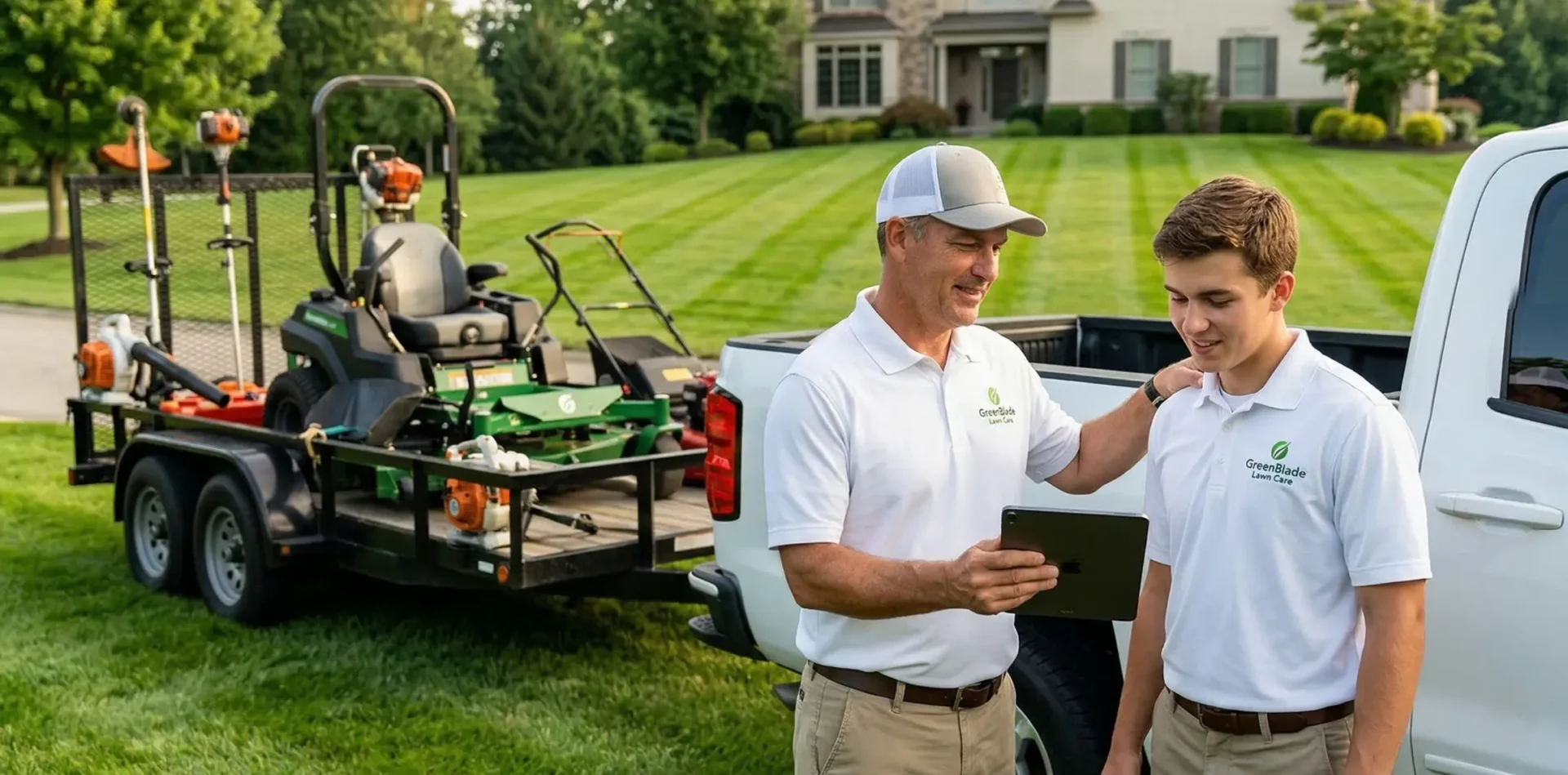 A lawn care business owner working with a new hire.