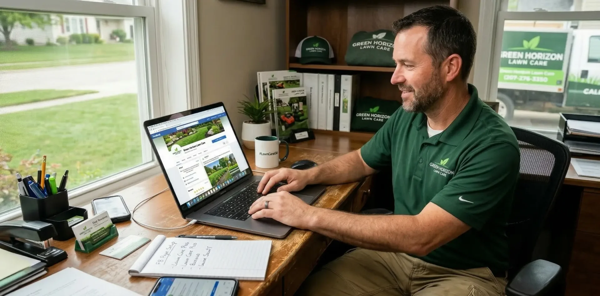 A lawn care guy setting up a Facebook page for his business