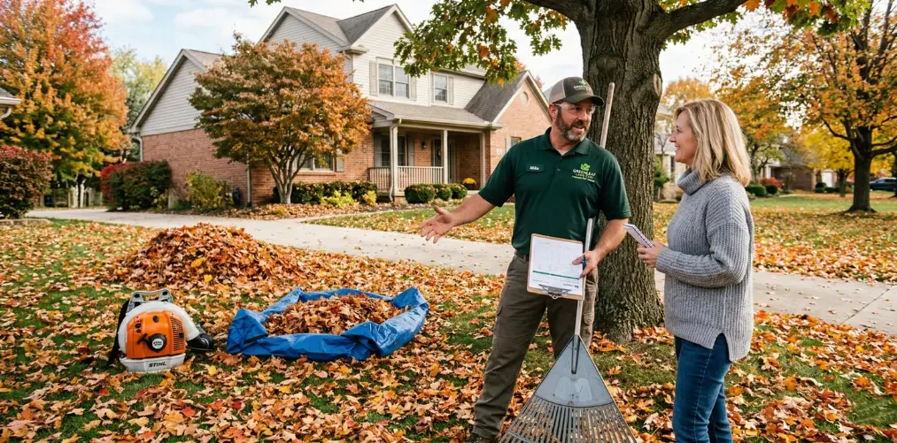 A lawn guy selling a leaf cleanup in autumn