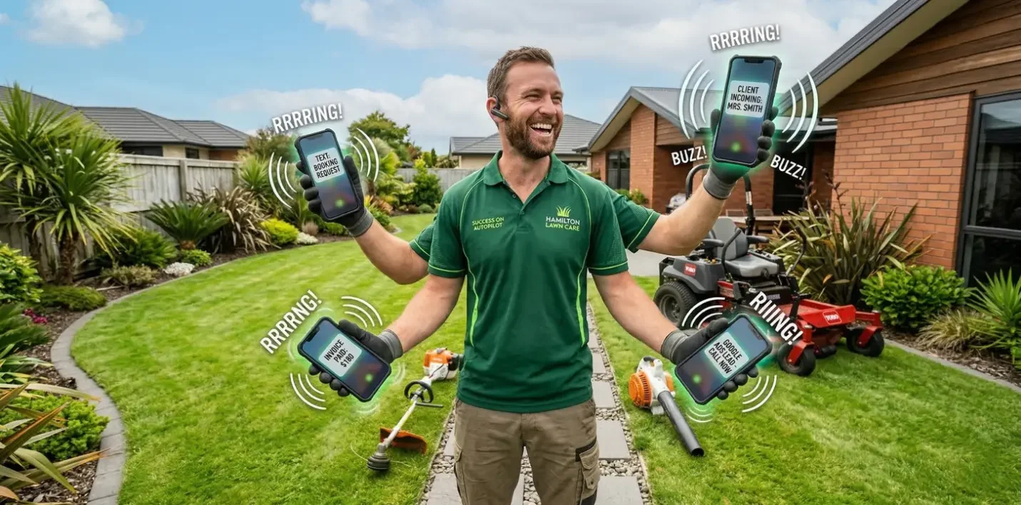 A lawn guy with four hands all holding ringing phones