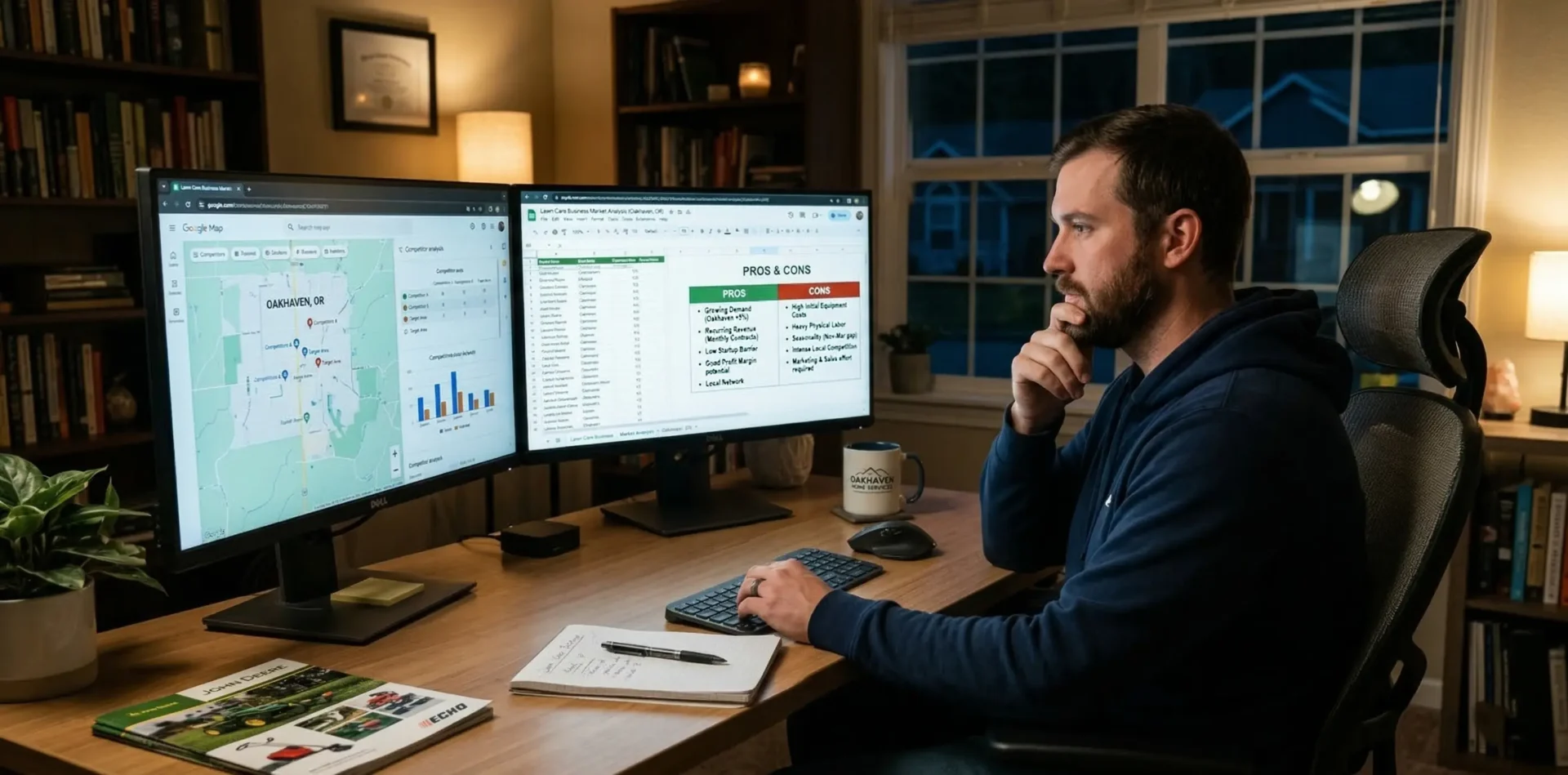 A man doing a simple market analysis of setting up a lawn care business on a computer