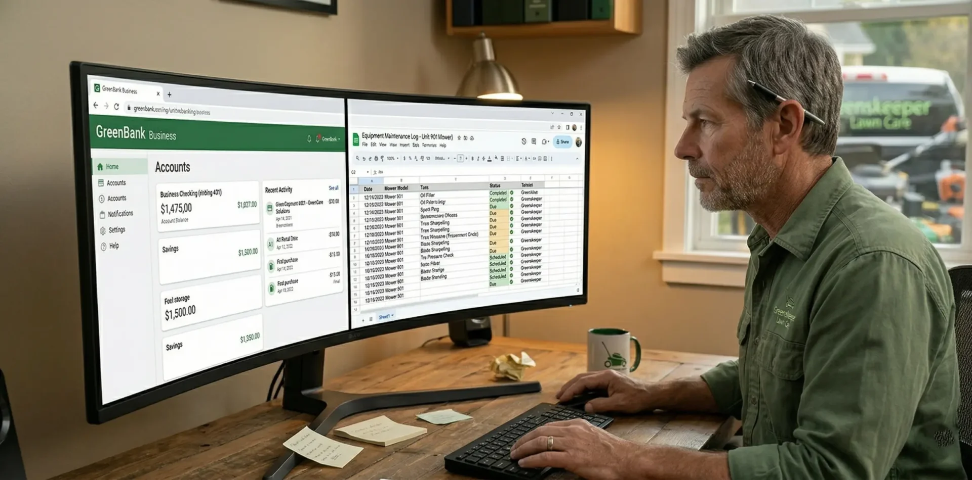 A lawn care guy working on a cashflow with a split screen