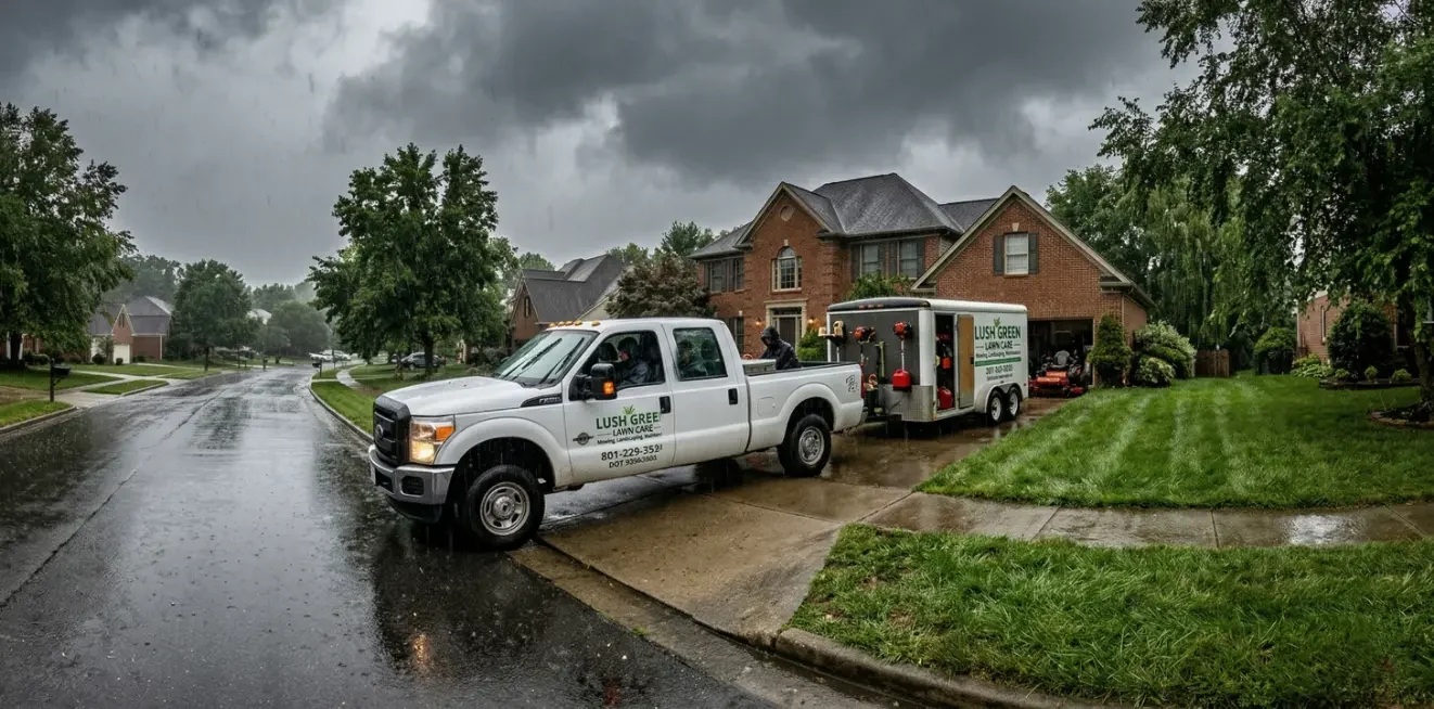 A lawn care truck pulling up in the rain