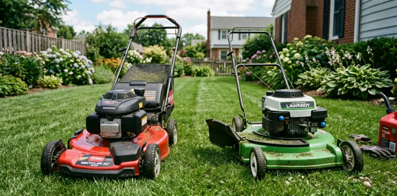 A 2-stroke and a 4-stroke lawn mower on a lawn